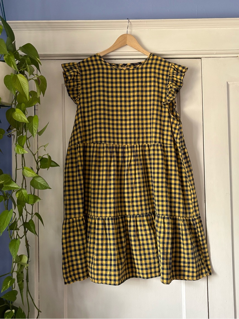 Yellow & Navy Blue Gingham Ruffle Sleeve Dress